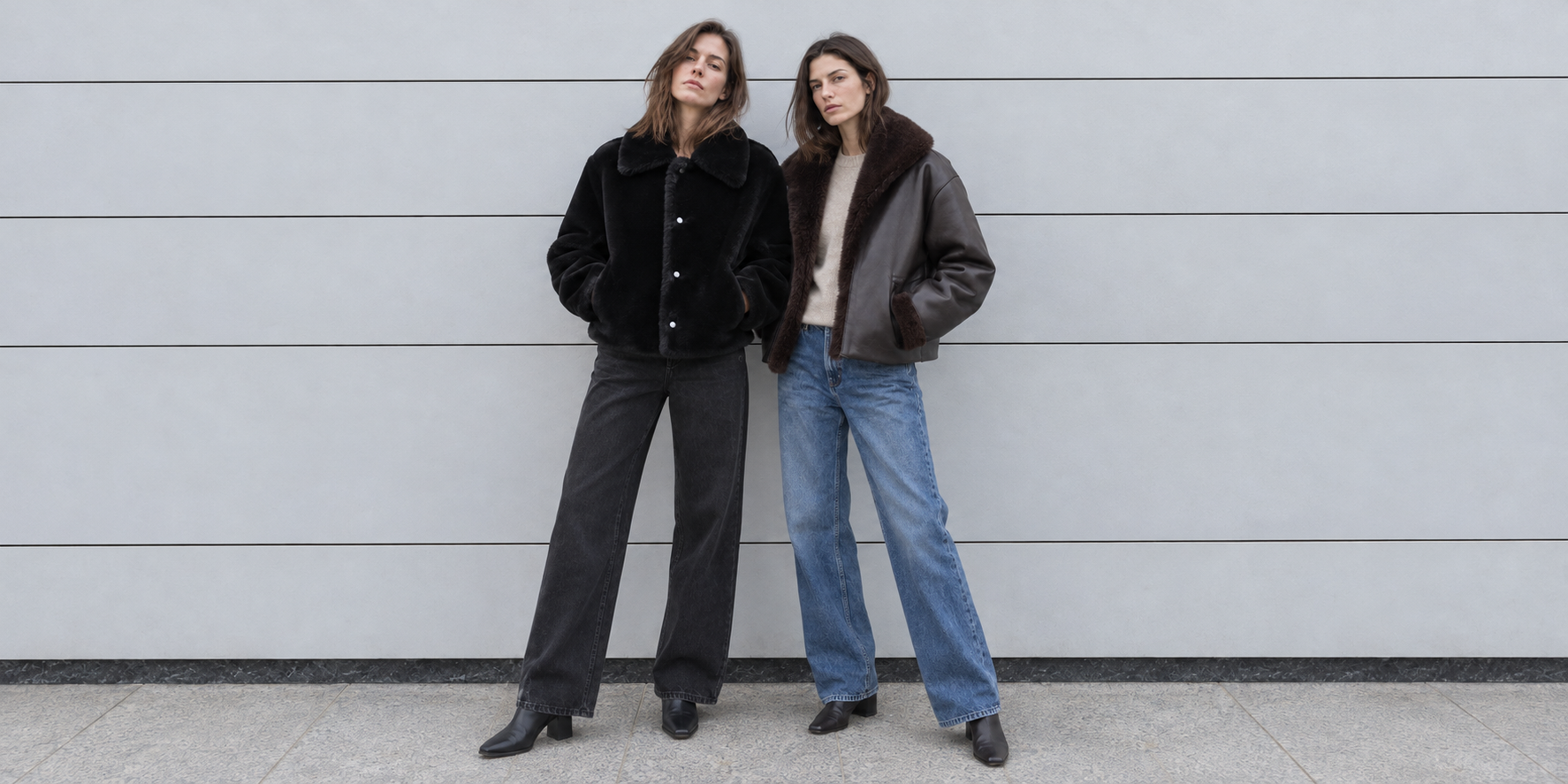 Zwei Models gemeinsam in schwarzer Plüschjacke und dunkler Jacke mit Kontrastkragen