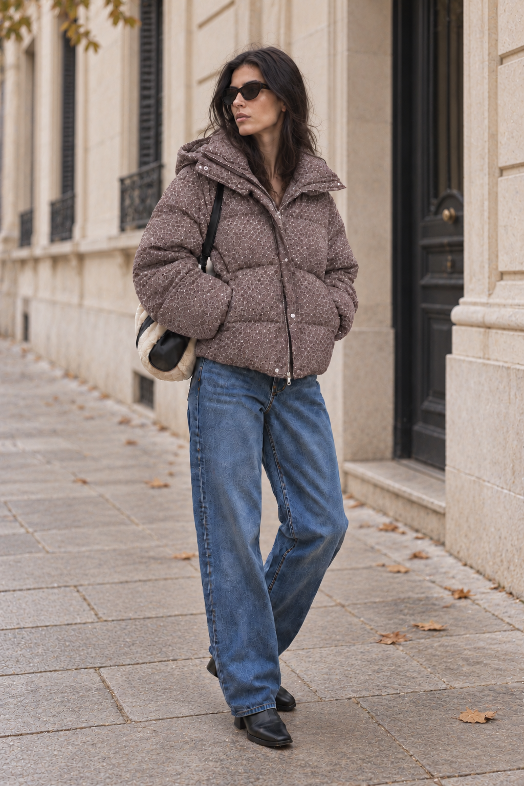 Gemusterte Steppjacke mit Kapuze – Braun