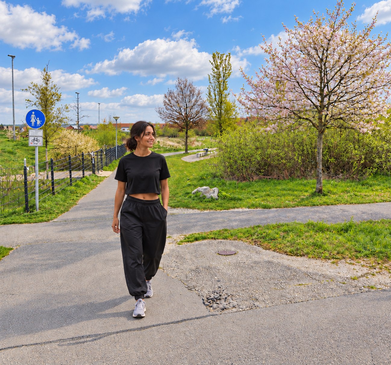 Lässiger Frühlingslook in Schwarz zwischen Kirschblüten auf dem vertrauten Weg am Wohngebiet